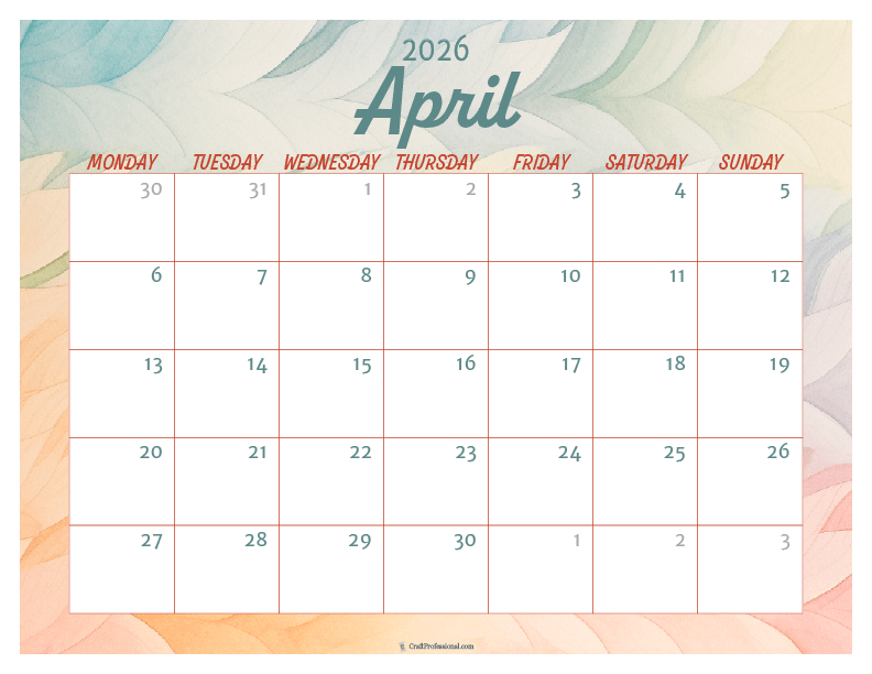 Printable April 2026 calendar with a watercolor design.