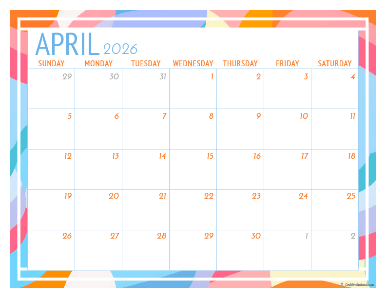 Colorful, geometric design printable calendar for April 2026.