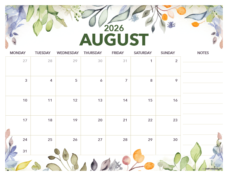 August 2026 floral calendar with space for notes. August 2026 floral calendar with space for notes.