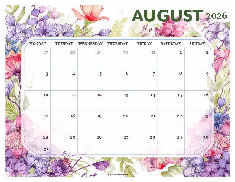 Printable August 2026 calendar with detailed floral design. Printable August 2026 calendar with detailed floral design.