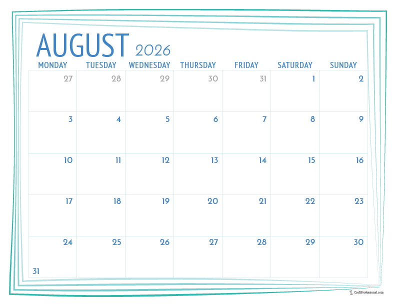 Printable August 2026 calendar with a simple blue frame outline. Printable August 2026 calendar with a simple blue frame outline.