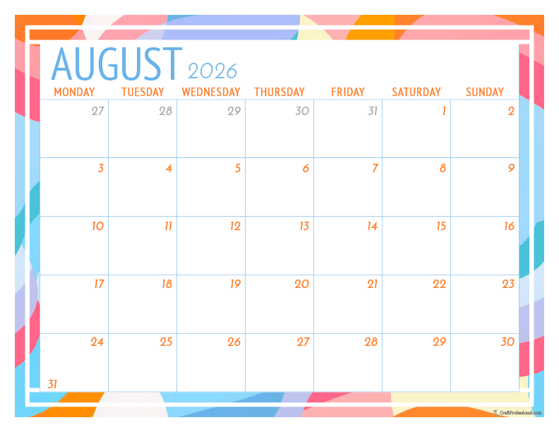 August 2026 printable calendar with geometric frame design. August 2026 printable calendar with geometric frame design.