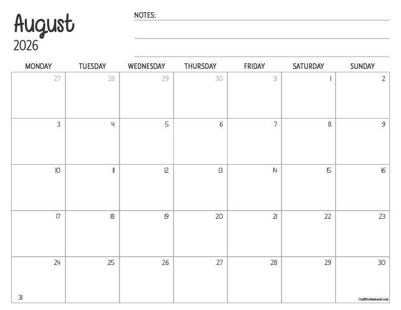 Printable August calendar with a simple, minimalist design and space for notes. Printable August calendar with a simple, minimalist design and space for notes.