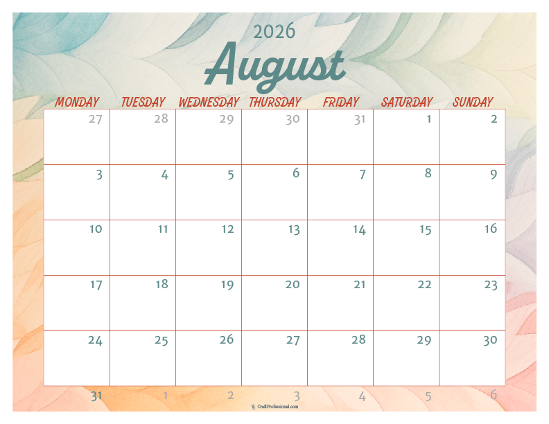 Printable August 2026 calendar with watercolor design. Printable August 2026 calendar with watercolor design.