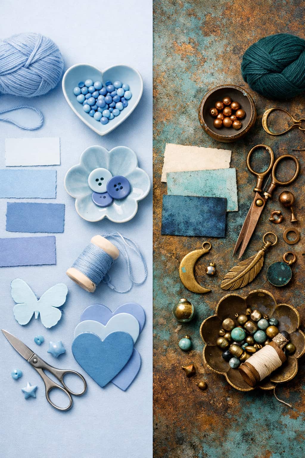 Split mood board showing Cool Blue and Patina Blue 2026 color palettes with handmade items and brass accents.