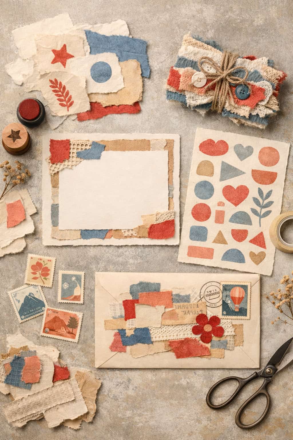 2026 collage and assemblage trend flat lay showing handmade paper scraps, stamped shapes, collage postcard, fabric scraps, sticker sheet, and decorated envelope.