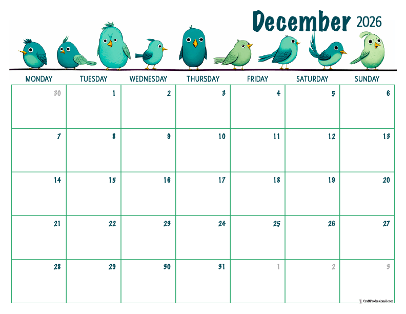 Printable December 2026 calendar with birds design.