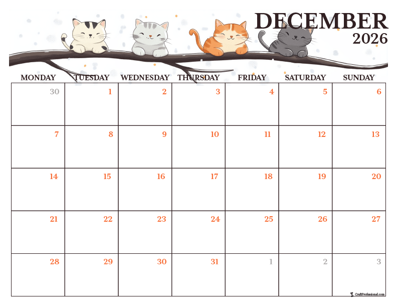 Printable December coloring page with winter cats design.