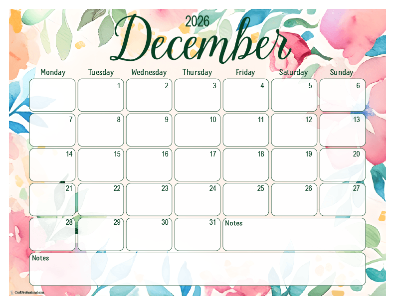 2026 December printable calendar, floral design, Monday start.