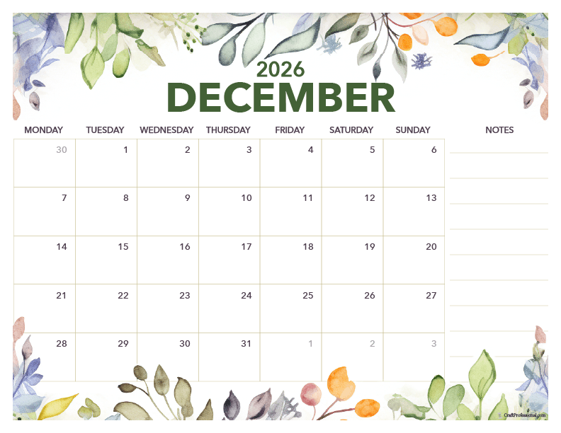 December 2026 floral calendar with space for notes.