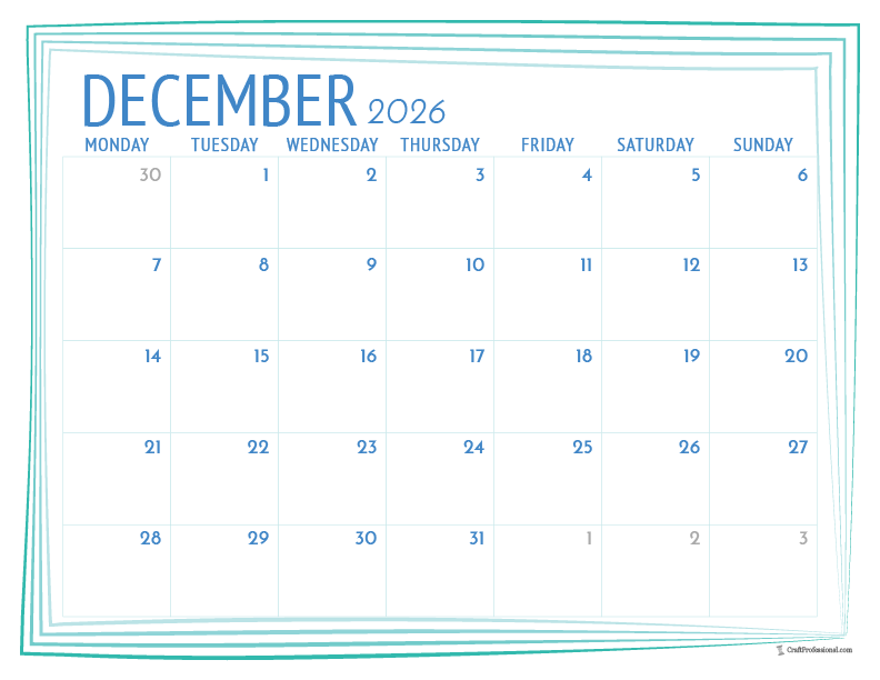 Printable December 2026 calendar with simple blue frame outline.