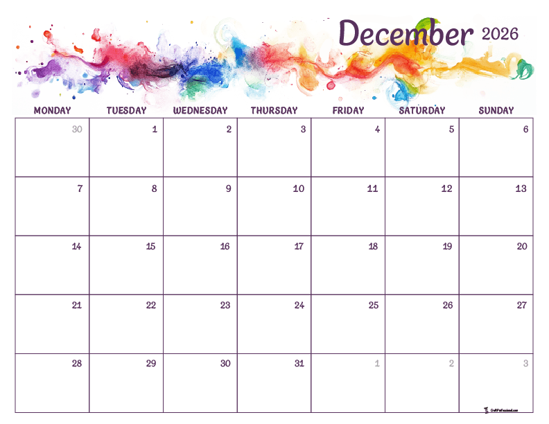 Printable December 2026 calendar, rainbow-colored abstract watercolor design