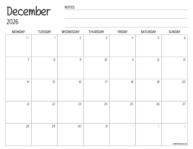 Printable December calendar with simple, minimalist design and space for notes.