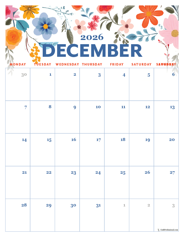 2026 December printable calendar, vertical orientation, floral folk art style,