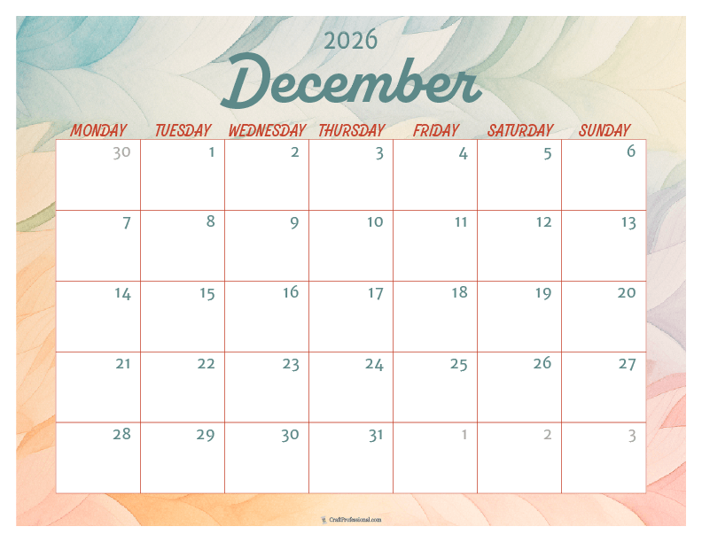 Printable December 2026 calendar with watercolor design.