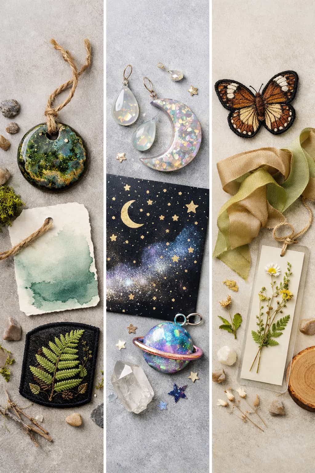 Three-panel 2026 escapism aesthetics mood board with handmade Mystic Outlands, Extra Celestial, and Wilderkind items including resin jewelry, embroidery, and paper goods.