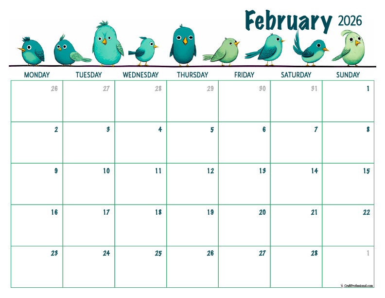 Printable February 2026 calendar with bird design.