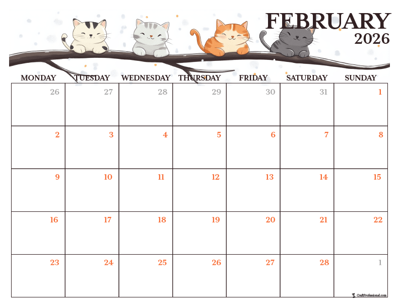 Printable February coloring page with winter cats design.