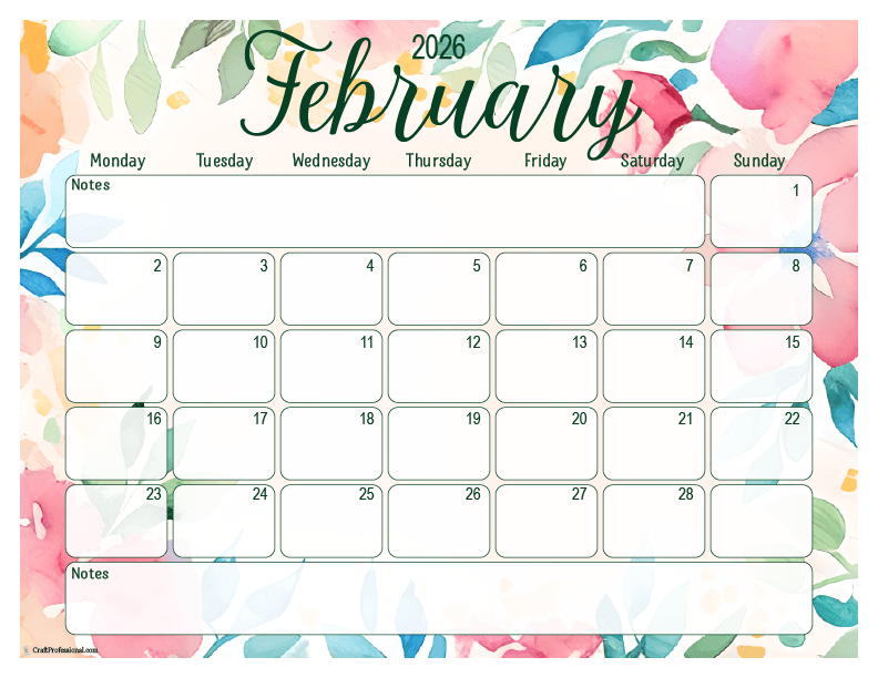 2026 February printable calendar, floral design, Sunday start.
