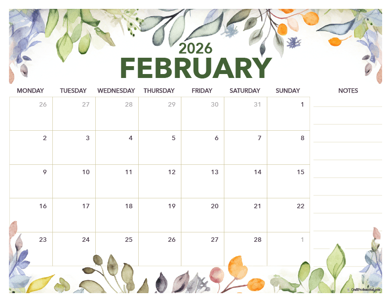 February 2026 floral calendar with space for notes.