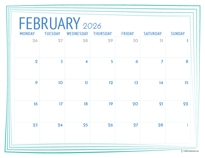 Printable February 2026 calendar with a simple blue frame outline.