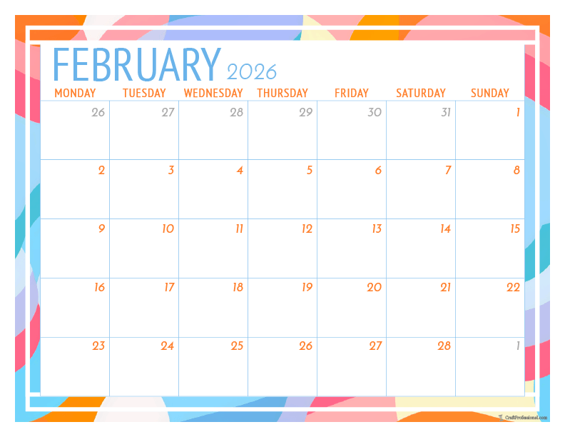 February 2026 printable calendar with geometric frame design.