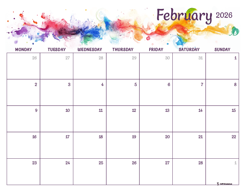 Printable February 2026 calendar, rainbow-colored abstract watercolor design