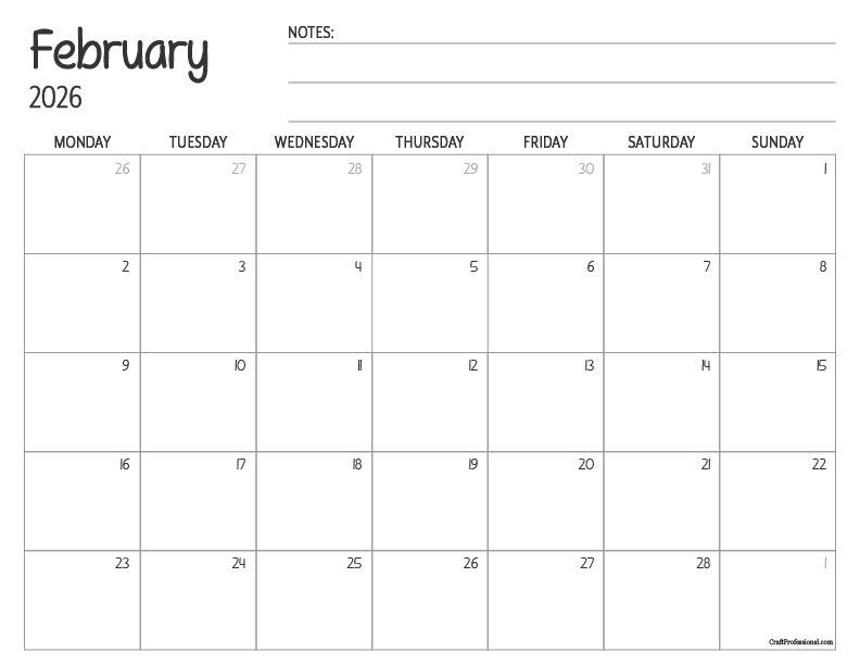 Printable February calendar with a simple, minimalist design and space for notes.