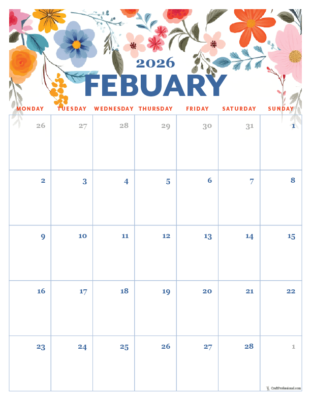 2026 February printable calendar, vertical orientation, floral folk art style,