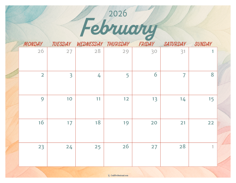 Printable February 2026 calendar with watercolor design.