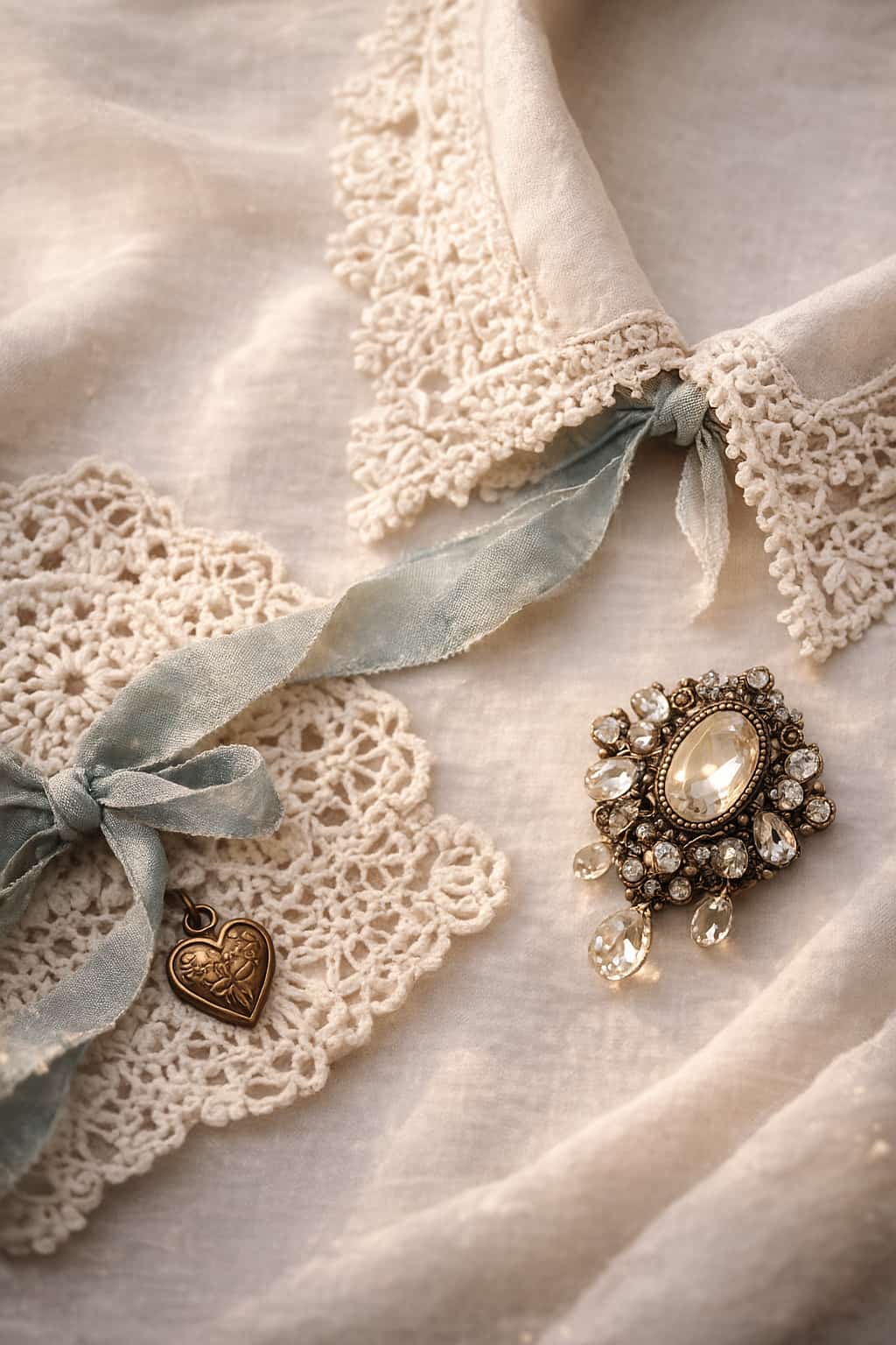 2026 heirloom details trend flat lay with handmade crochet doily, vintage-inspired brooch, lace-trim collar, and ice blue ribbon.