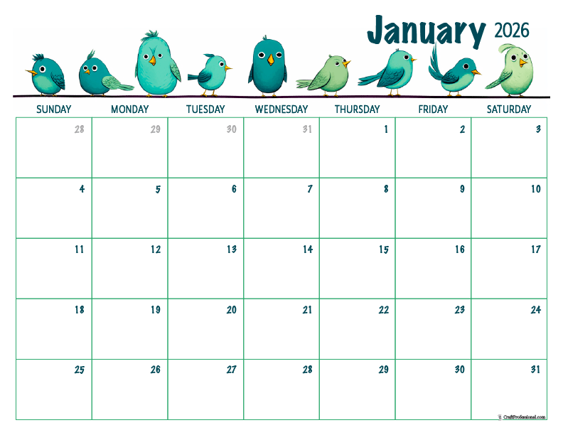 Printable January 2026 calendar with birds design.