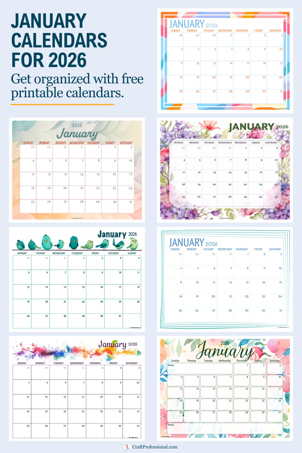 Collage of January 2026 printable calendar designs—floral, minimalist, colorful—with overlay text: “January printable calendars for 2026. Get organized with free, printable calendars.”