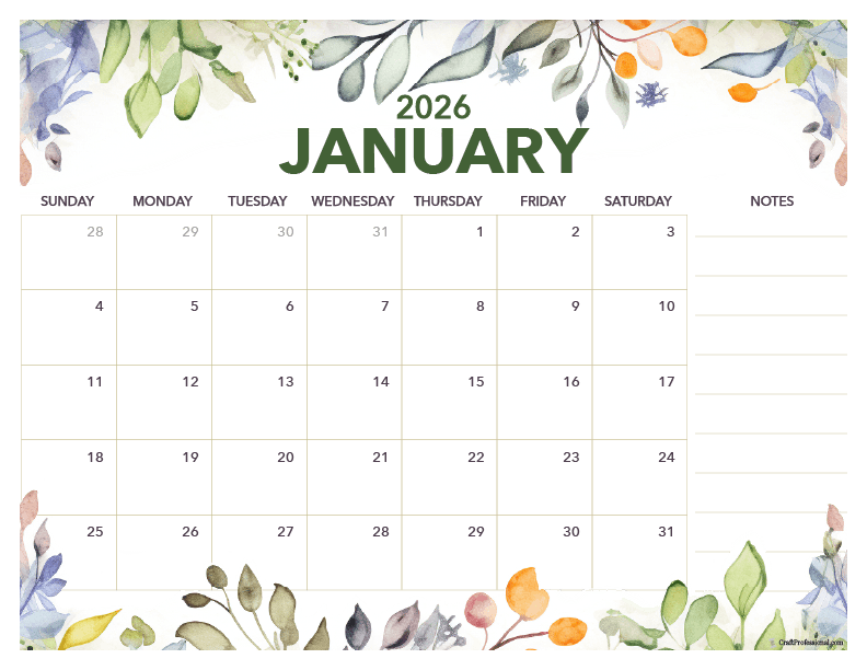 January 2026 floral calendar with space for notes.