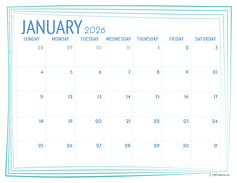 Printable January 2026 calendar with simple blue frame outline.