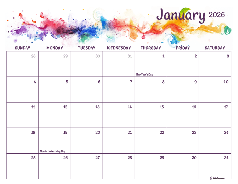 Printable January 2026 calendar with US holidays, abstract watercolor, rainbow-colored design.