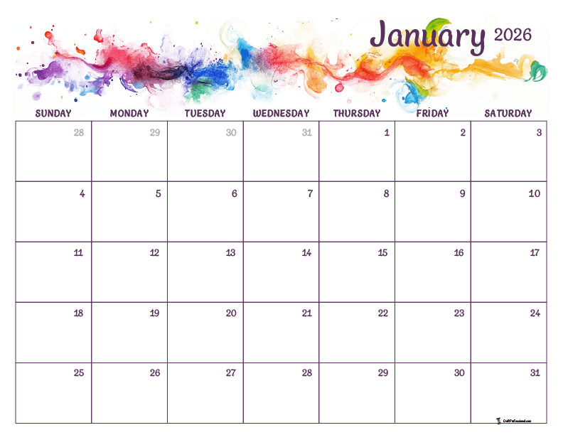 Printable January 2026 calendar, rainbow-colored abstract watercolor design