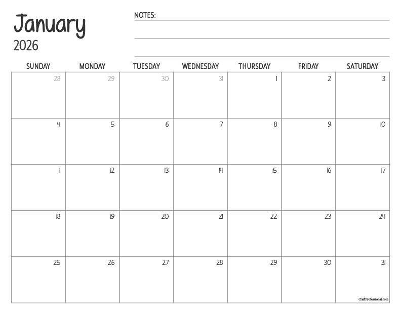 Printable January calendar with simple, minimalist design and space for notes.