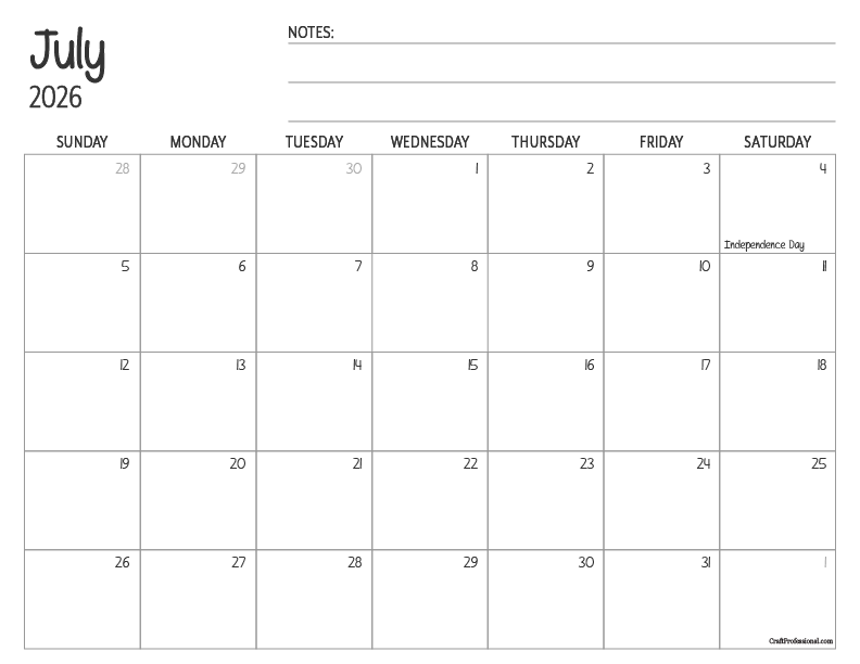 Simple design printable calendar for July 2026 with holidays.