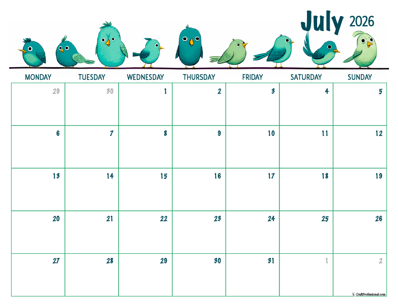 Printable July 2026 calendar with cute cartoon birds design. Printable July 2026 calendar with cute cartoon birds design.
