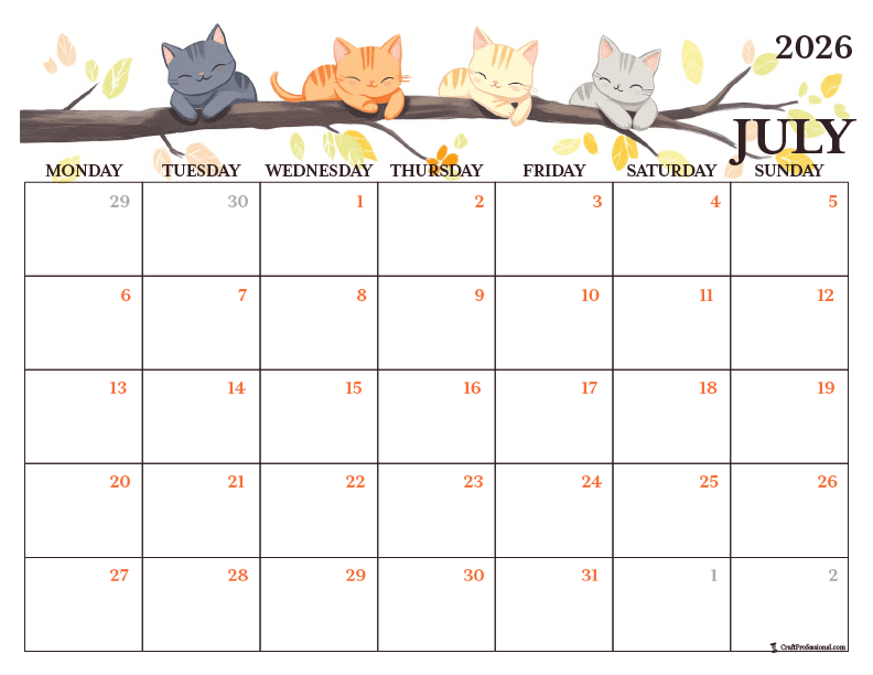 Printable July coloring page with summer cats design. Printable July coloring page with summer cats design.