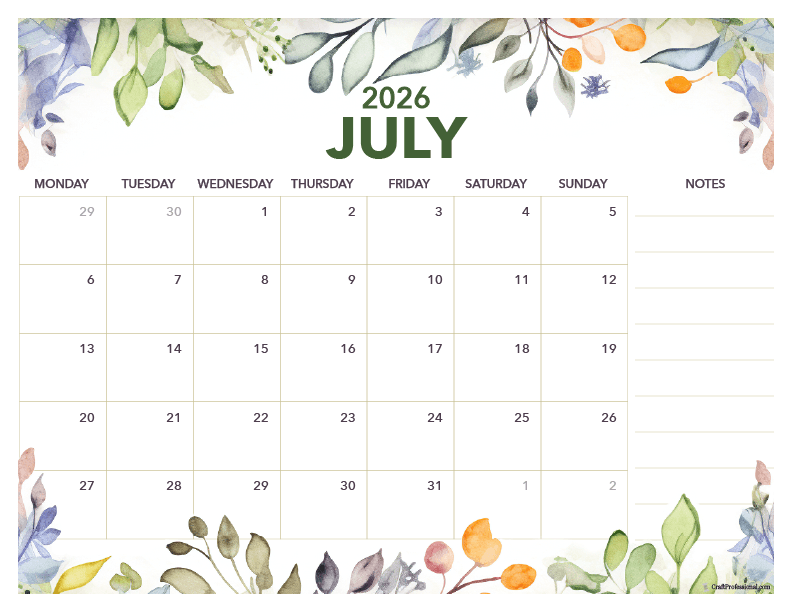 July 2026 floral calendar with space for notes.
