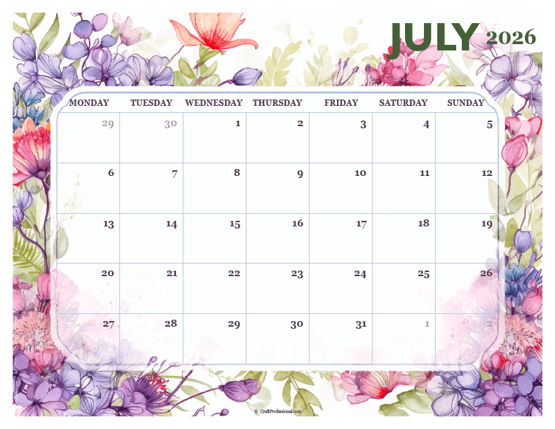 Printable July 2026 calendar with detailed floral design. Printable July 2026 calendar with detailed floral design.