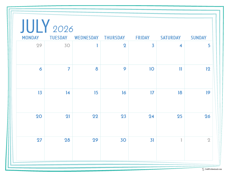 Printable July 2026 calendar with a simple blue frame outline. Printable July 2026 calendar with a simple blue frame outline.