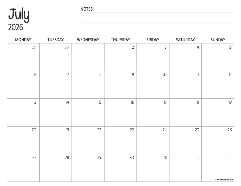 Printable July calendar with a simple, minimalist design and space for notes. Printable July calendar with a simple, minimalist design and space for notes.