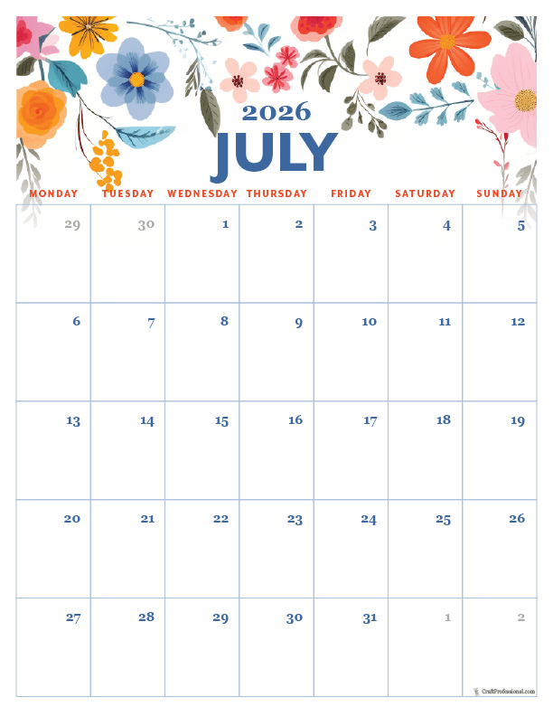 2026 July printable calendar, vertical orientation, floral folk art style, 2026 July printable calendar, vertical orientation, floral folk art style,