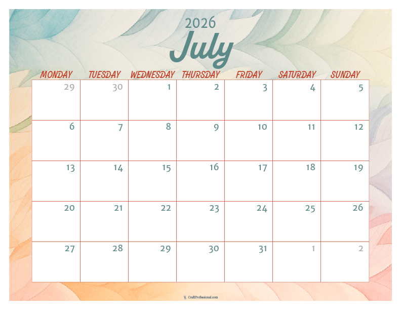 Printable July 2026 calendar with watercolor design. Printable July 2026 calendar with watercolor design.