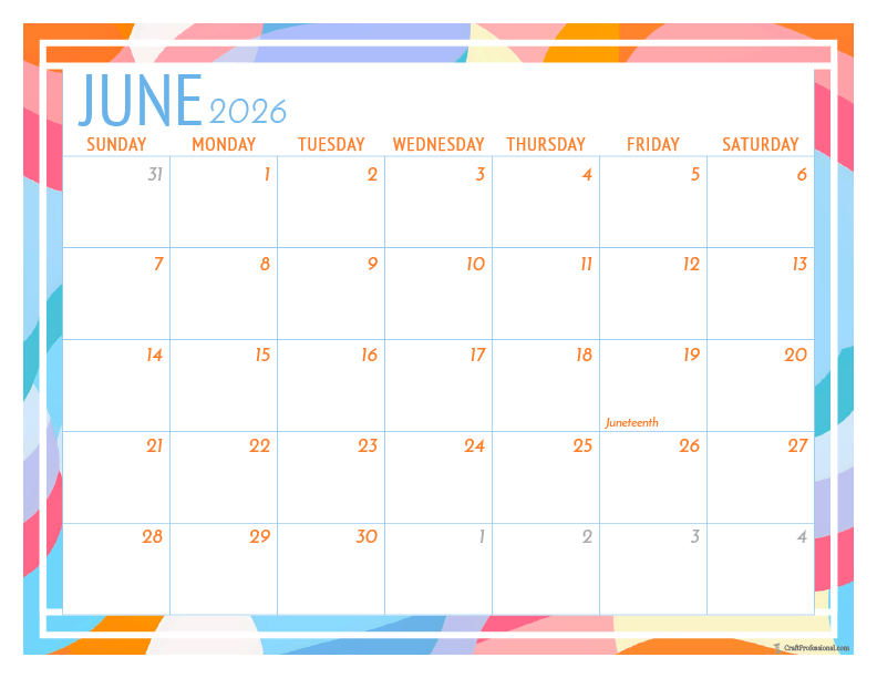Bright design printable calendar with holidays for June 2026.
