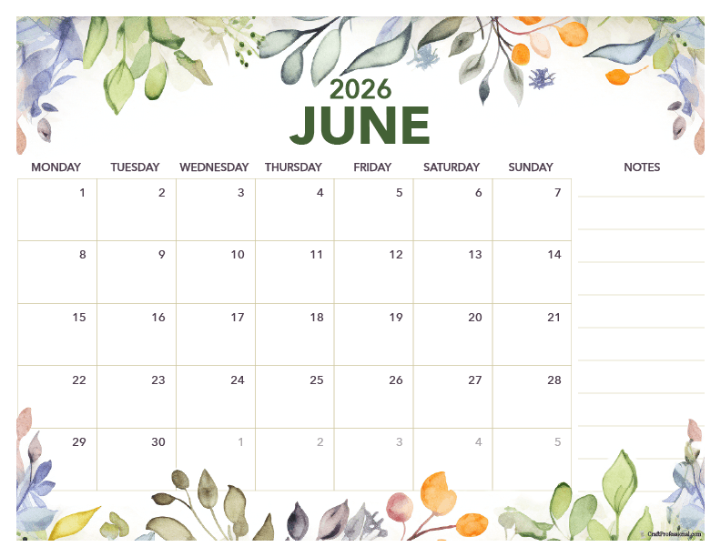 June 2026 floral calendar with space for notes. June 2026 floral calendar with space for notes.