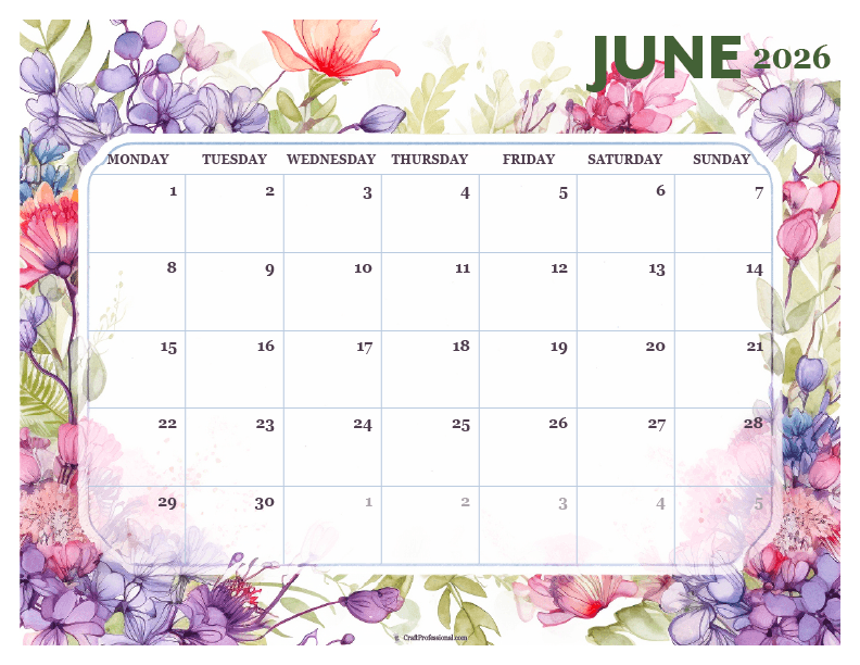 Printable June 2026 calendar with detailed floral design. Printable June 2026 calendar with detailed floral design.